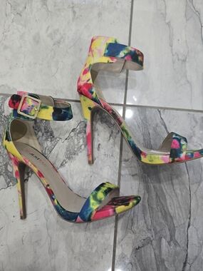 JustFab Tie-Dye High Heel Sandals in Yellow, Pink, Blue, Green